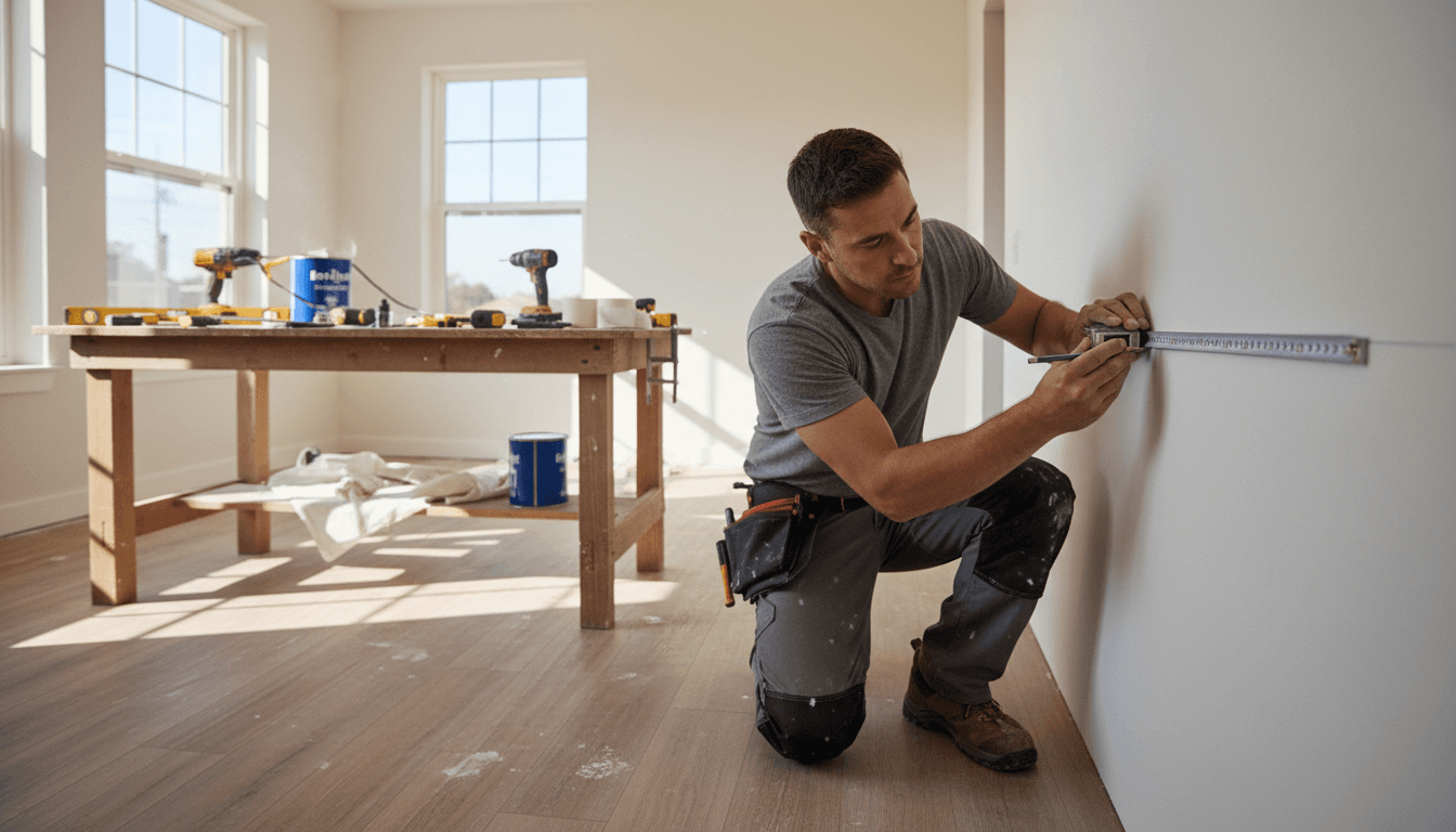 Skilled contractor measuring and marking a wall during home renovation preparation