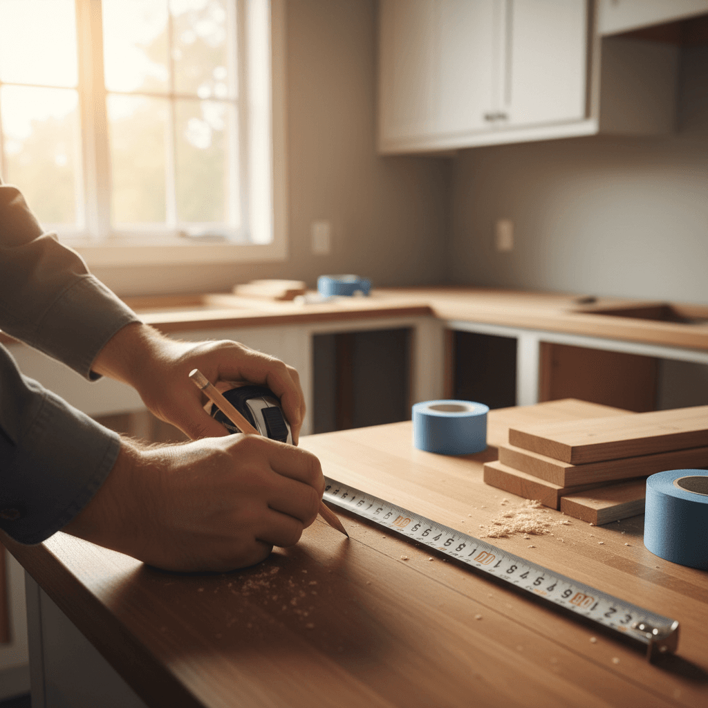 Skilled contractor measuring kitchen countertop for remodeling project