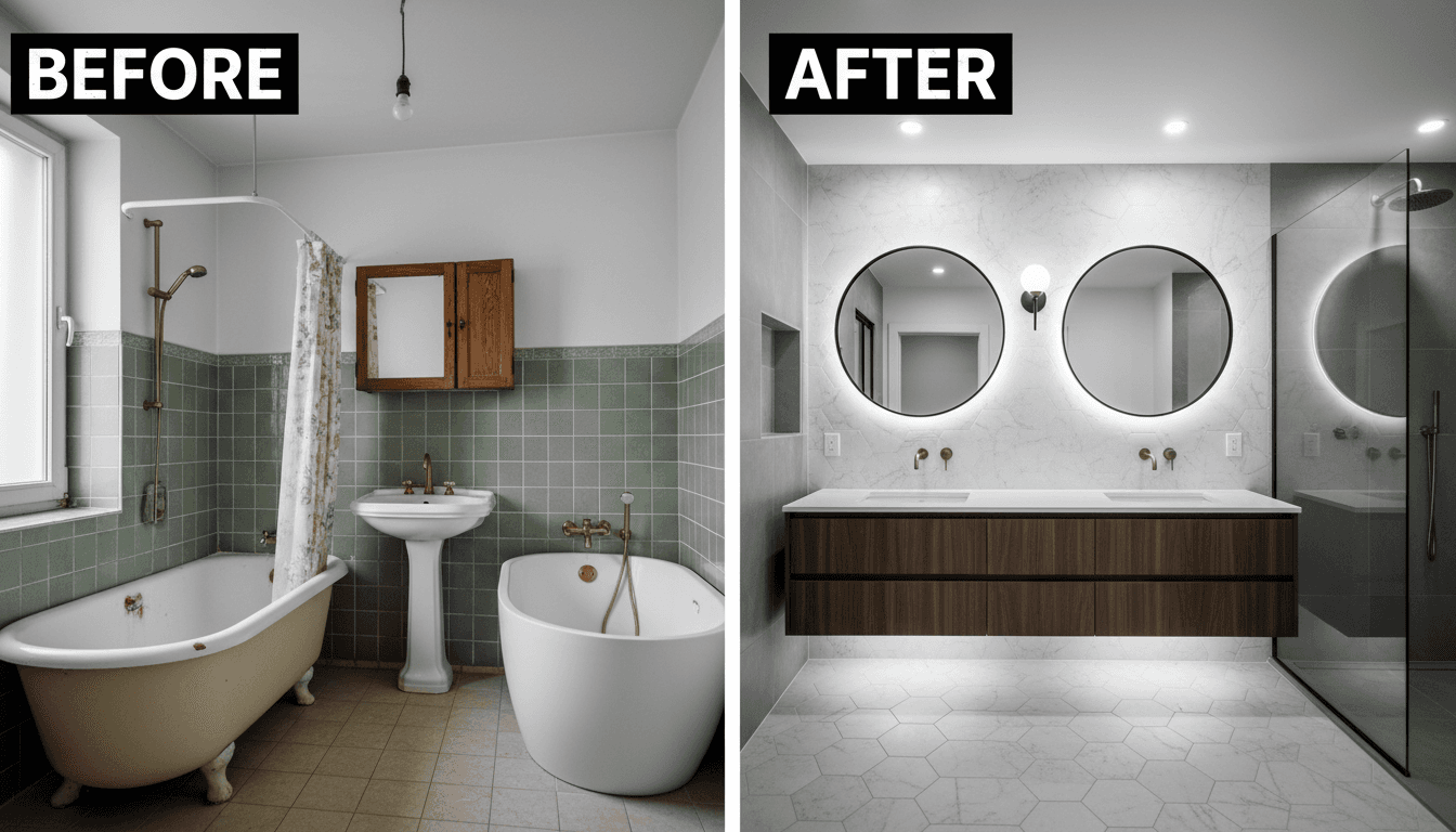 Side-by-side bathroom transformation: dated original space on left, modern renovated bathroom with new fixtures and finishes on right