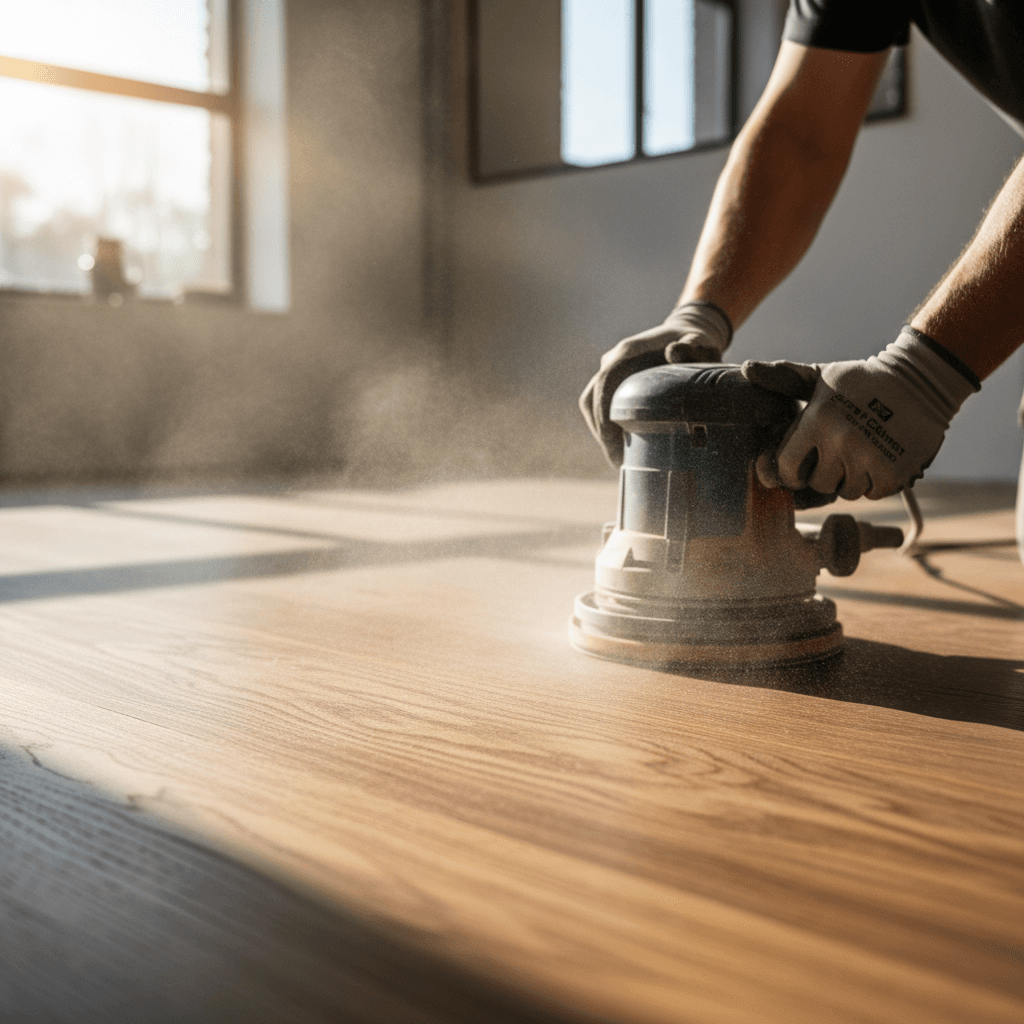Hardwood floor refinishing revealing new finish