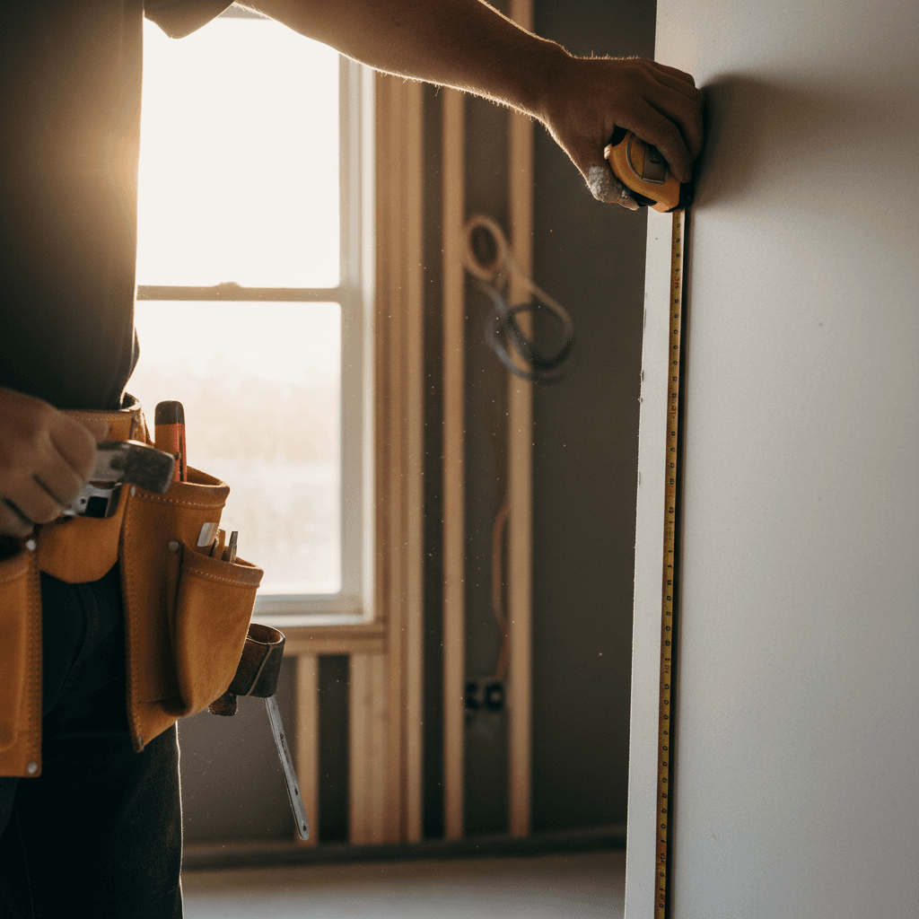 Skilled craftsman measuring and marking an interior wall during home renovation project
