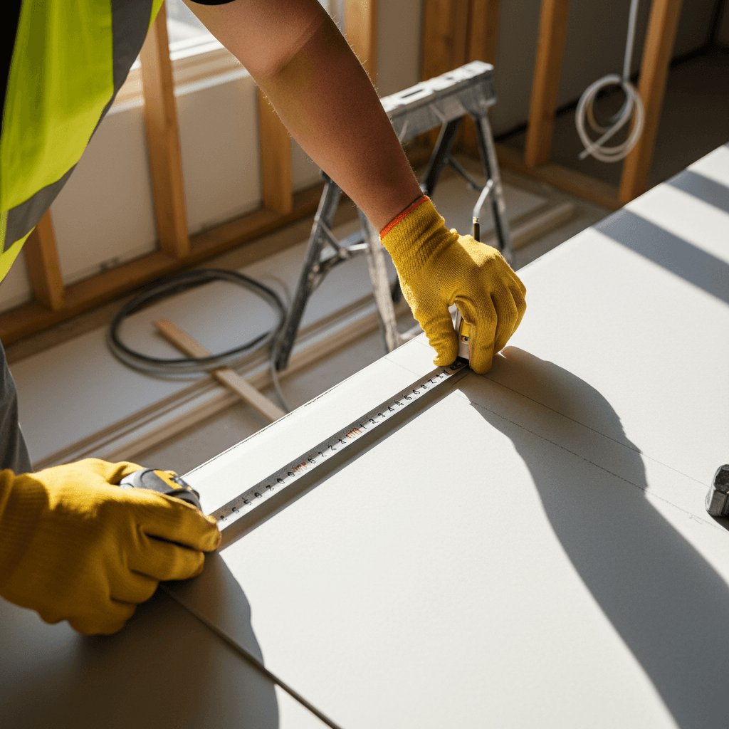 Contractor measuring and marking an interior wall during a home renovation project