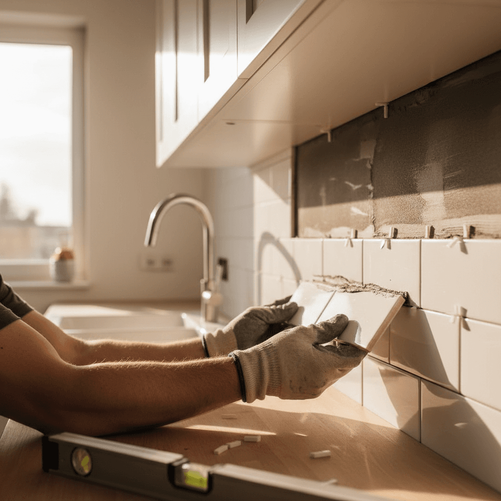Contractor examining a completed tile backsplash installation in a renovated kitchen